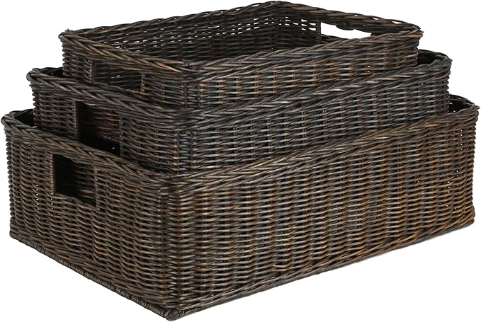 The Basket Lady Under the Bed/Basic Wicker Storage Basket, Large, 22 in L x 16.5 in W x 7 in H, Antique Walnut Brown