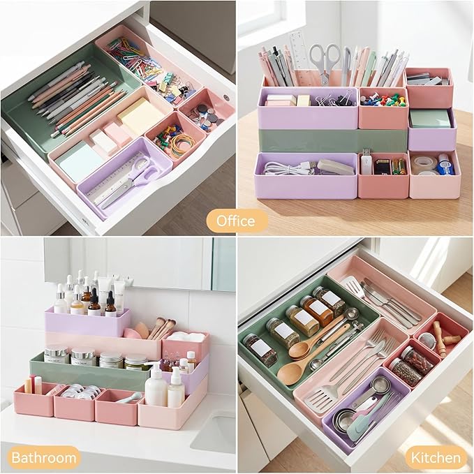 Teenyyou 18 Pcs Drawer Organizer Stackable 4 Size Makeup Drawer Organizer Trays Acrylic Bathroom Vanity Storage Bins for Cosmetic, Jewelries, Office Supply, Kitchen Utensils(Multicolor,Glossy)