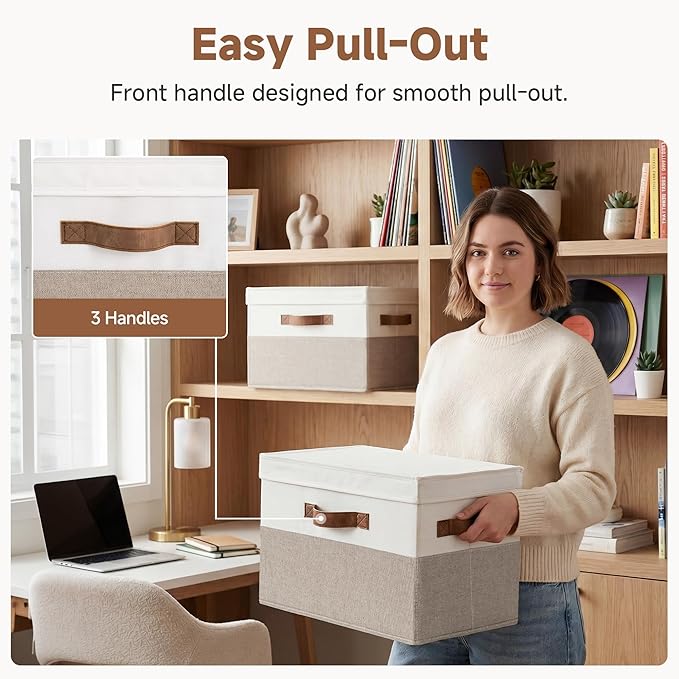StorageWorks Fabric Storage Bins with Lid, Decorative Storage Boxes for Shelves, Stackable Closet Organizer Basket with Handles, Large, Brown and White, 2-Pack