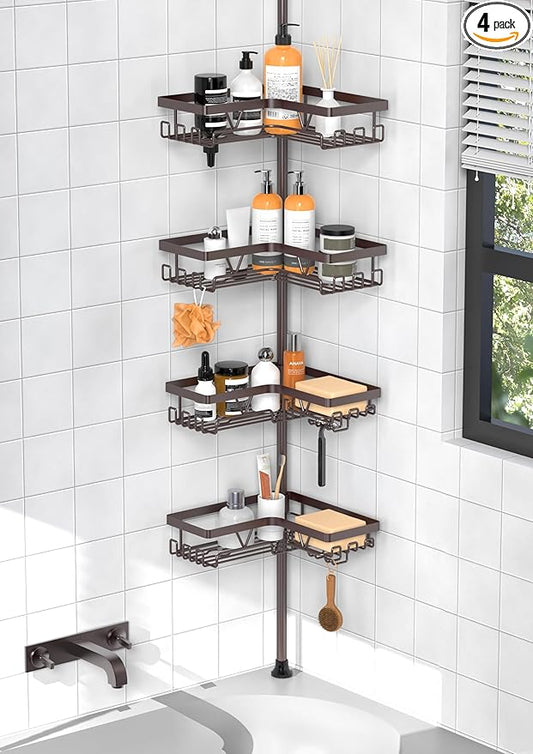 4-Tier Corner Shower Caddy Tension Pole, Waterproof Shower Rod Organizer