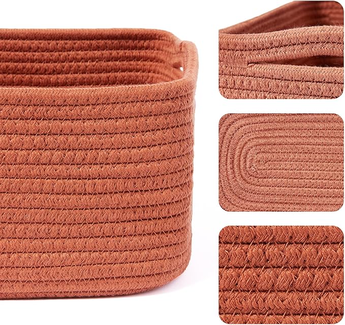 MiniArk Small Storage Baskets for Organizing | Closet Organizer Bins | Shelf Toy Basket | Woven Rope Baskets | Cube Decorative Box | Shallow Basket | 13x8.5x5.1” | 3 Packs Oxide Red