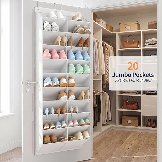Yecaye 30 Pairs Over the Door Shoe Organizer, Large Capacity Hanging Shoe Rack for Door Hanger with Deep Pockets, Heavy Duty 10 Tier Shoe Holder for Sneakers Boots Heels College Dorm Essentials, White