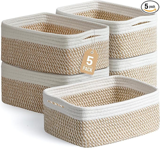 5 Pack Small Woven Storage Baskets for Shelves