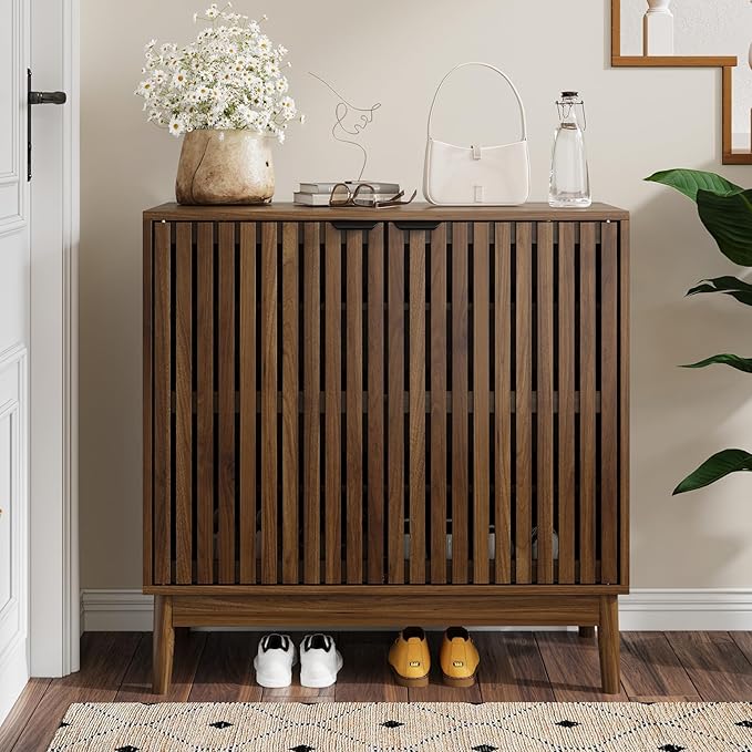 Kiasthome Shoe Storage Cabinet with Ventilated Slatted Doors, Wooden Shoe Organizer, Shoes Rack for Entryway, Hallway, Living Room