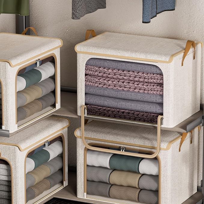 4 Pack Clothes Storage Bins with Metal Frame - 66L Stackable Storage Box with Lid，Foldable Storage Container Organizer for Clothes，Linen Fabric Storage Box with Clear Window＆Zippers＆Handles