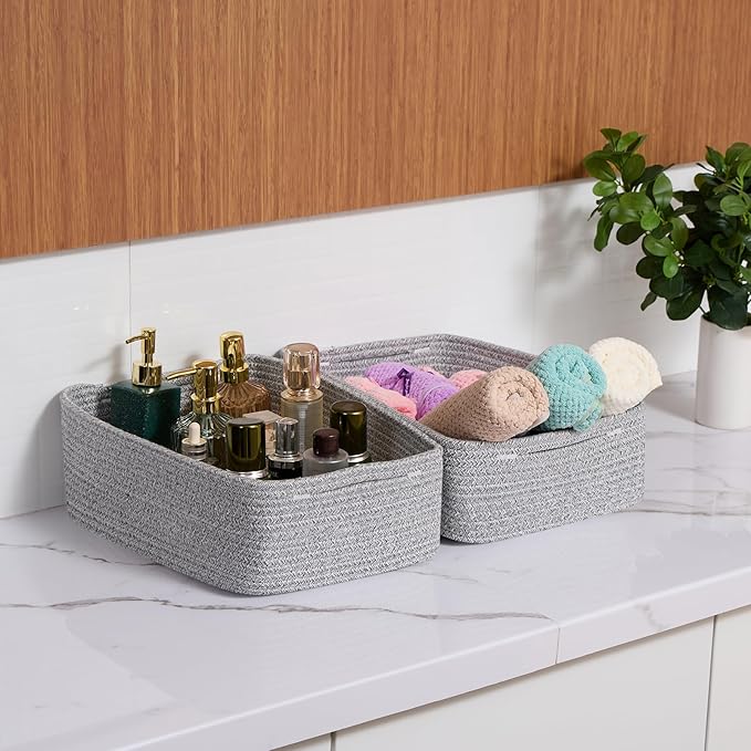 MiniArk Large Shallow Organizing Baskets 15x11x5.1 Inches - Rope Woven Storage Bins for Bathroom, Shelves, Cube Closet, Mixed Grey 3 Packs