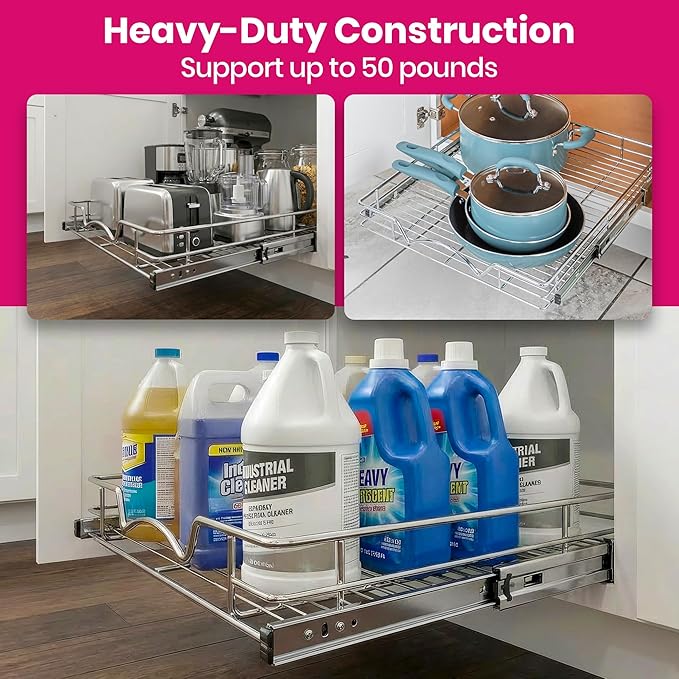 HOLDN’ STORAGE Pull Out Cabinet Organizer, Heavy Duty Caddy w/Lifetime Limited Warranty - 8”W x 21”D - Requires At Least 9-1/4” Cabinet Opening, Steel Metal Cabinet Drawers Slide Out, Chrome