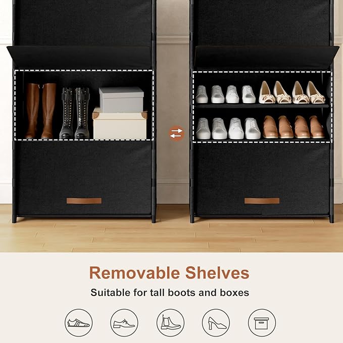 Shoe Rack, 7 Tier Shoe Storage Cabinet with Door 28 Pair Plastic Shoe Shelves Organizer for Closet, Entryway, Hallway, Bedroom, Black