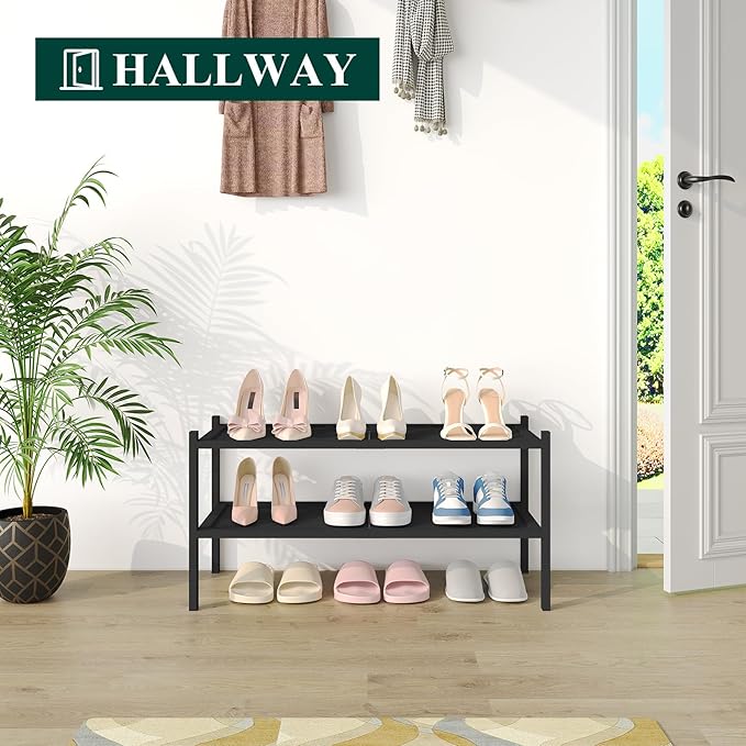 Bamboo Shoe Rack, 2 Tier Shoe Organizer for Entryway & Closet, Black