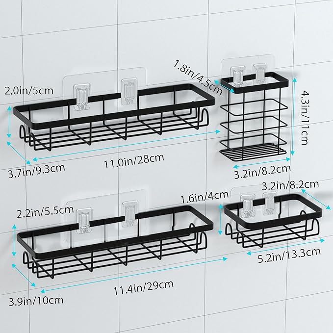 Shower Caddy Organizer with Hooks,Self Adhesive Bathroom Shelves,No Drilling Bathroom Organizers and Storage,Perfect for RV, Apartment, Home Decor,Black 4PCS