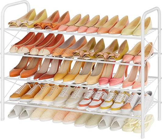 4 Tier Mesh Style Shoe Rack, Entryway Shoe Shelf, Shoe Storage Organizer, White