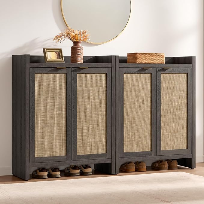 SICOTAS Shoe Cabinet Set of 2, Large Capacity Shoe Storage Organizer Cabinet, Tall Rattan Shoe Cabinet with Doors and Shelves, 6-Tier Farmhouse Boho Wooden Storage Cabinet for Entryway, Black Oak