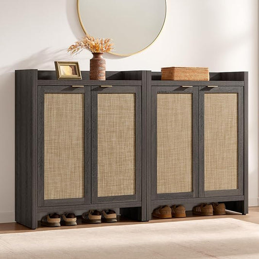 Shoe Cabinet Set of 2, Large Capacity Shoe Storage Organizer Cabinet, Black Oak