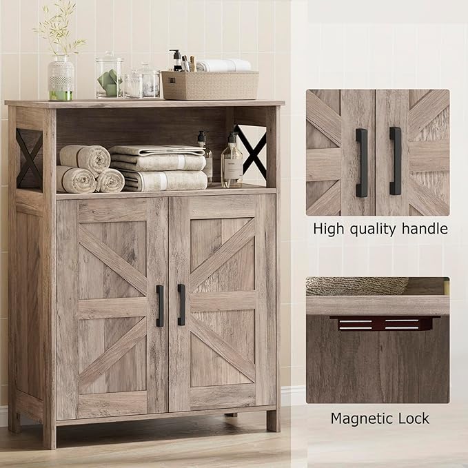 Homhedy Farmhouse Bathroom Storage Cabinet with 2 Doors, Toilet Paper Cabinet with Adjustable Shelf, Small Bathroom Cabinet for Kitchen/Laundry/Living Room, 11.8 x 23.6 x 31.5 Inches, Greige