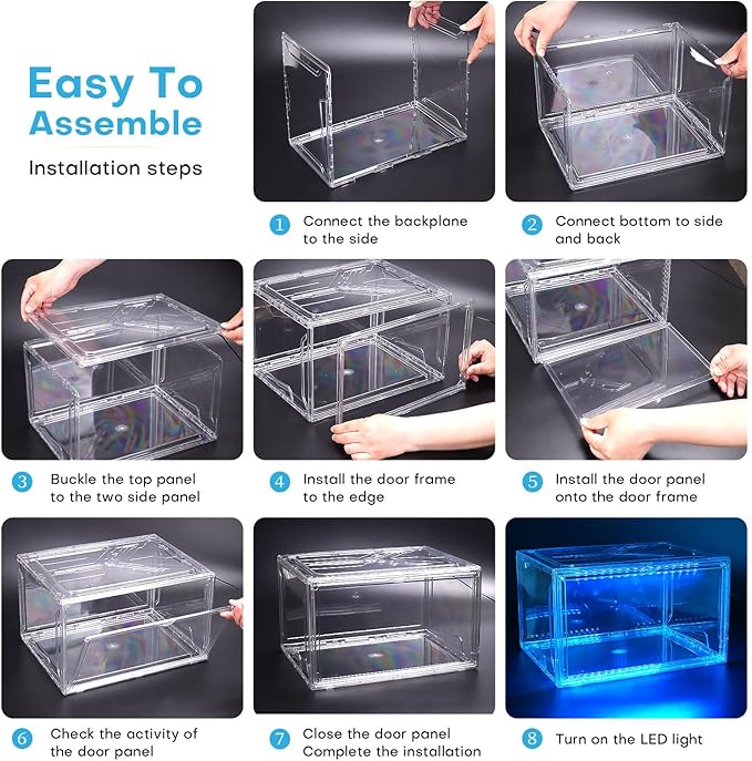 Oltraman Shoe Storage Organizer for Closet, Foldable Shoe Boxes Rack 2 pack, Clear Plastic Stackable Containers Bins Holder, Magnetic Sneaker Shelf for Sneakerheads with LED Lights Clear