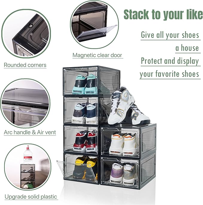 ZLLZUU Shoe Organizer Shoe Storage Boxes, 6 Pack Large Drop Front Shoe Boxes with Magnetic Door, Clear Plastic Stackable Shoe Containers (Black)