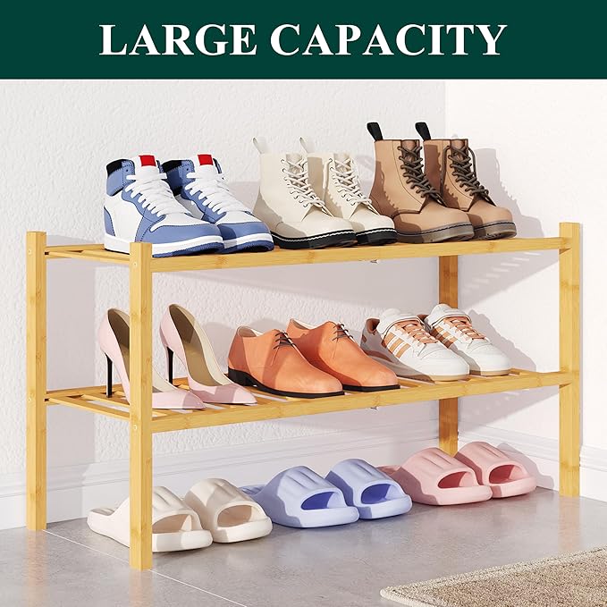 Bamboo Shoe Rack for Closet, 2 Tier Wooden Shoe Organizer, Natural