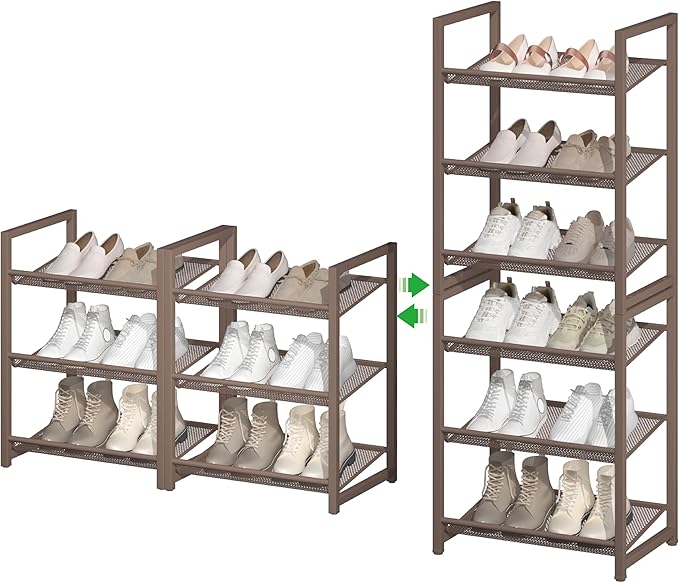 6 Tier Shoe Rack, Stackable Shoe Storage with Mesh Shelves, Holds 12-15 Pairs, Metal Shoe Organizer for Entryway Closet Garage, Bronze