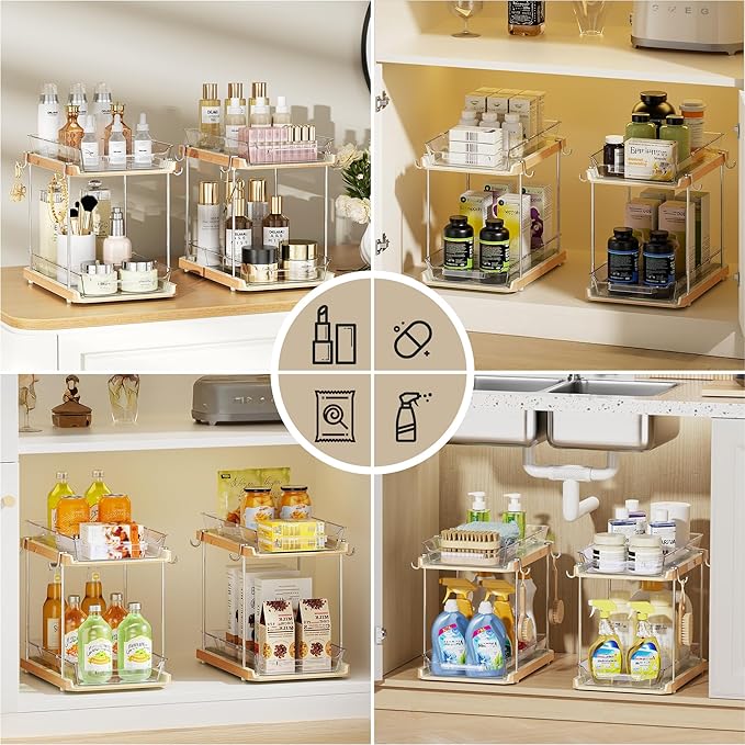 2 Tier Under Sink Organizer Bathroom, Wood Grain, 4 Pack
