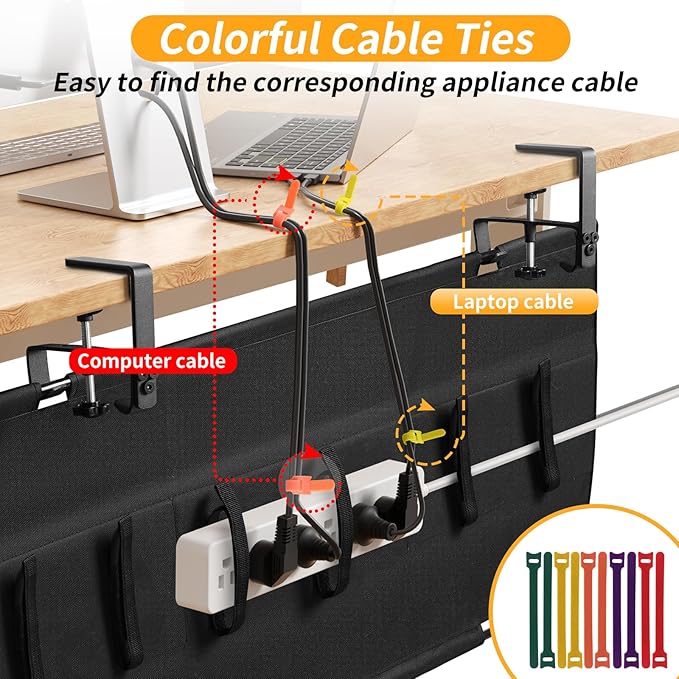 Under Desk Cable Management Tray with Clamp, No Drill 36" Cord Organizer for Desk, Desk Cable Management Fabric Tray for Standing Desks, Ideal for Home & Office - Black