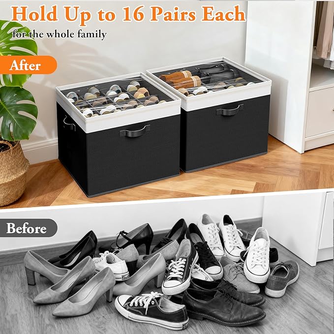 StoreHappily Shoe Organizer for Closet - 2 Packs Hold up to 32 Pairs, Large Shoe Storage Organizer Containers with Adjustable Dividers, Clear Cover, Leather Handles for Heels, Boots, Sneakers (Black)