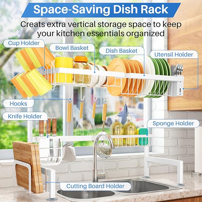 SNTD Over The Sink Dish Drying Rack - Adjustable Dish Rack for Kitchen Counter, Metal (White)