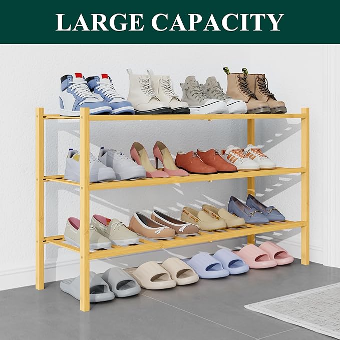 Smiry Bamboo Shoe Rack for Closet, 3 Tier Long Wooden Shoe Organizer, Stackable Wood Shoe Storage Shelf for Entryway, 14 Vertical Slats, One-piece Heavy-Duty Legs, 33.86"x11.02"x18.31", Natural