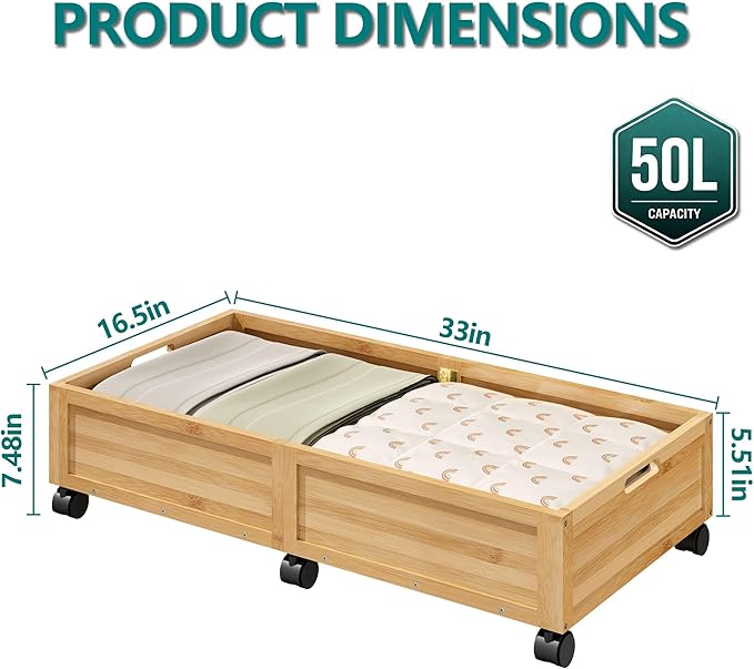 WISUCART Wood Under Bed Storage Containers Underbed Organizer with Wheels Sturdy Wood Rolling Under Bed Shoe Storage Organizer 2 Packs (Nature, Large)