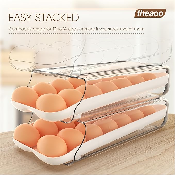 theaoo Egg Holder for Fridge, Automatic Rolling Egg Container for Refrigerator, Clear Plastic Egg Dispenser, Stackable Eggs Organizer with Quick Removable inner Tray For Organizers and Storage, 1 Pack