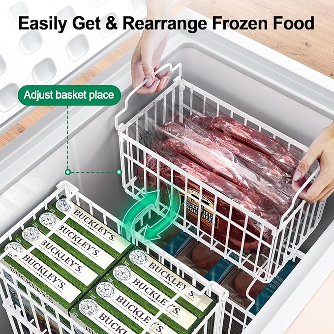 Freezer Organizer Bins, 6 Pack Stackable Deep Chest Freezer Organizer Bins, Foldable Freezer Baskets with Handles, White Freezer Storage Organizer Baskets for 7 Cu.FT Deep Freezer Sort Frozen Meats