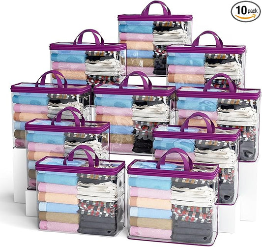 10PACK Clear Zippered Storage Bags for Clothes, 22L Clear Storage Bag