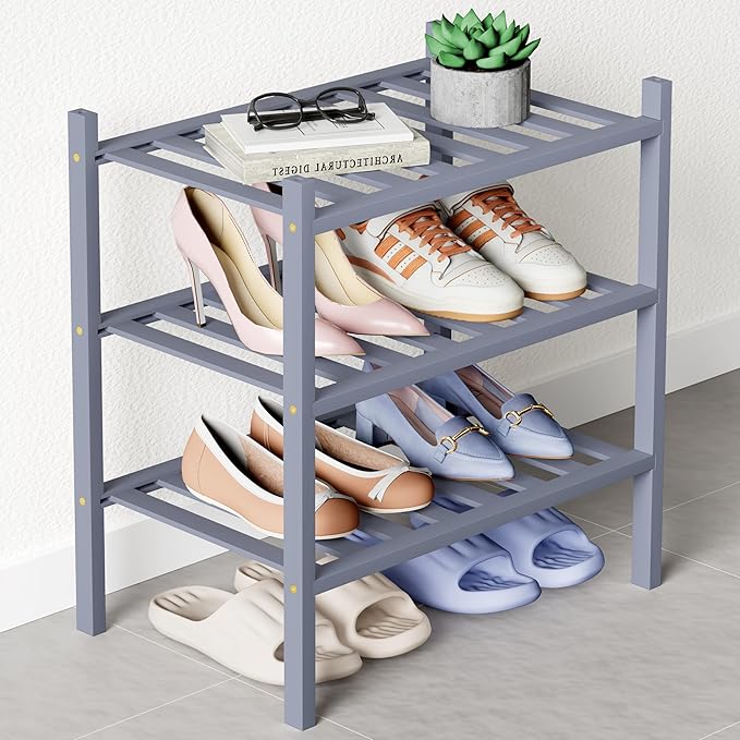 Smiry Bamboo Shoe Rack for Closet, 3 Tier Small Wooden Shoe Organizer, Stackable Wood Shoe Storage Shelf for Entryway, 14 Vertical Slats, One-piece Heavy-Duty Legs, 17.32"x11.02"x18.31", Grey