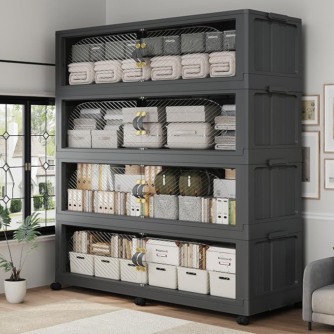 320Gal/1280QT 4-Tiers Extra Large Stackable Storage Bins with Lid, Collapsible Cabinet Closet Organizer Plastic Container Box with Wheels Doors Drawers for Office Dorm Kitchen, Black