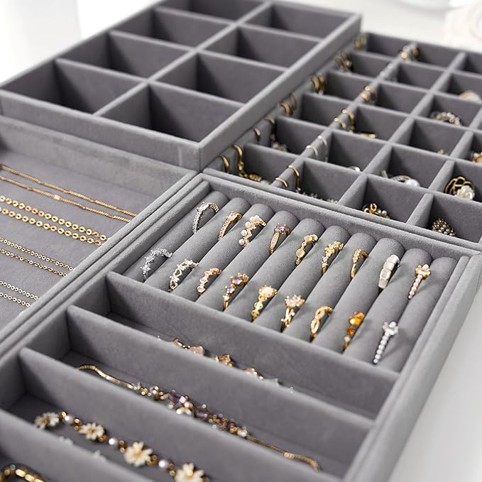 Velvet Jewelry Drawer Organizer Trays – Grey Stackable Jewelry Storage Inserts Set, 4-Layer Jewelry Tray Set for Earrings, Rings, Necklaces, Bracelets with Removable Dividers for Dresser & Vanity