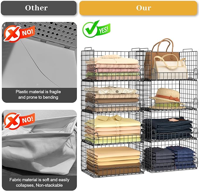4-Tier Stackable Closet Organizers and Storage Basket - Foldable Closet Shelf Organizer System, Sturdy Metal Space-Saving Clothes Storage Bins for Wardrobe, Black