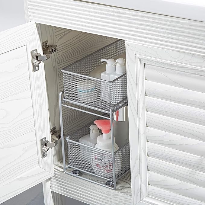 2 Tier Sliding Basket Stackable Cabinet Pull-Out Drawer Mesh Organizer