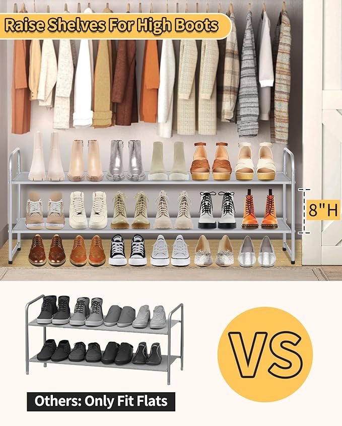 SLEEPING LAMB 2-Tier Long Shoe Rack Organizer for Closet, Stackable Wide Shoe Shelf Holds 18-Pairs Low Shoe Storage for Bedroom, Floor, Entryway (Grey)