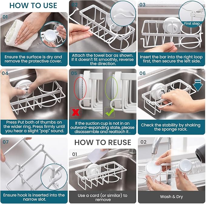 TAILI Sponge Holder with Strong Suction Cup, 4-in-1 Rustproof Sink Organizer - Sink Caddy Holds Sponges, Brushes, Stoppers & Scrapers -White