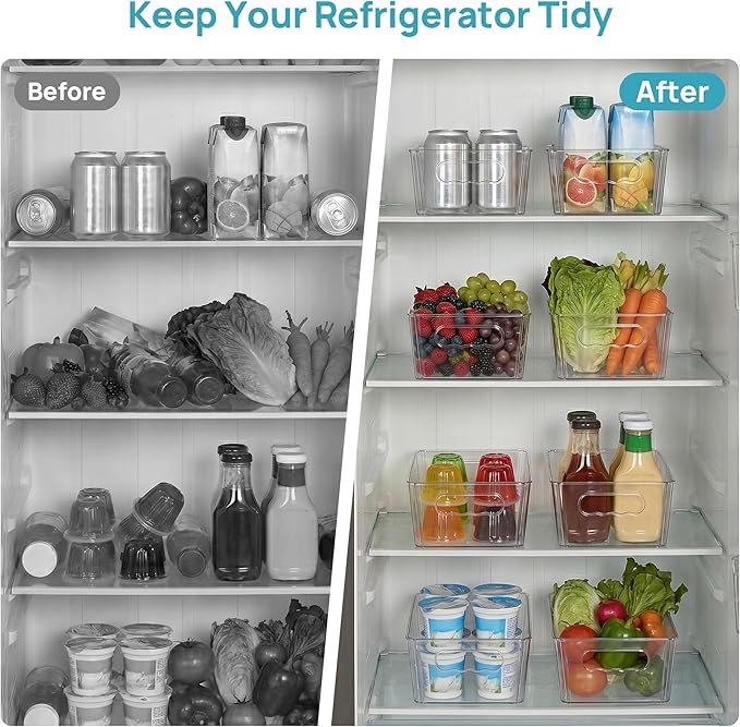 Vtopmart 6pcs Clear Organizers and Storage Bins, Plastic Storage Containers with Handles for Fridge, Freezer, Pantry, Cabinet, Kitchen Organization