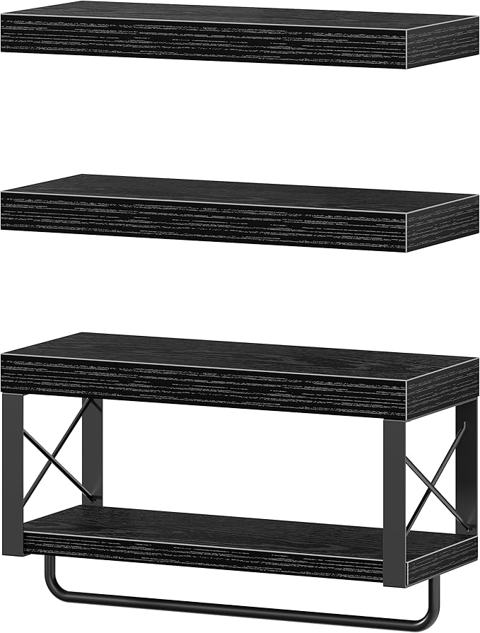 QEEIG Bathroom Shelves Over Toilet - Floating Shelf for Wall Toilet Paper Storage Farmhouse 16 inch Set of 3, Black (029-40B3)