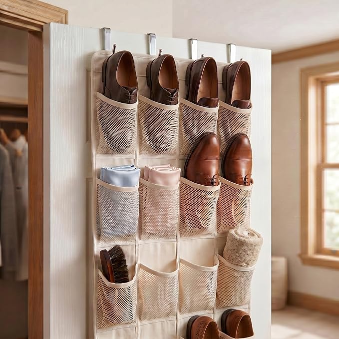 Over the Door Shoe Organizer Cotton Material 24 Large Breathable Mesh Pockets