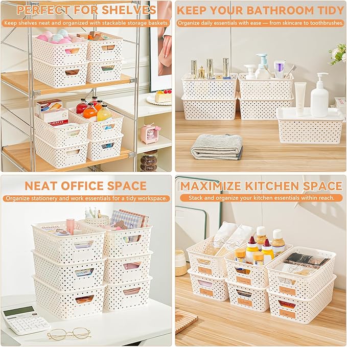 10 Pack Small Plastic Storage Bins with Lids, Stackable Plastic Storage Baskets for Organizing with Handles, Organizer Bins with Labels for Room, Craft, Containers for Pantry Organizers and Storage