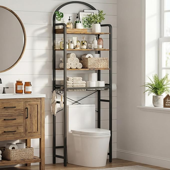 76" H Over the Toilet Storage Rack, 4-Tier Bathroom Organizer with Toilet Paper Holder & Hooks, Metal Frame with Wooden Shelves, Space Saver for Small Bathroom, Rustic Brown and Black