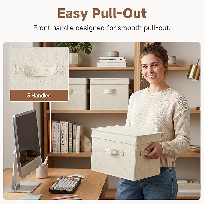 StorageWorks Fabric Storage Bins with Lid, Decorative Storage Boxes for Shelves, Stackable Closet Organizer Basket with Handles, Medium, Beige, 2-Pack