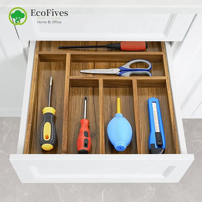Luxury Acacia Kitchen Drawer Organizer, Silverware Organizer, 6 Slot
