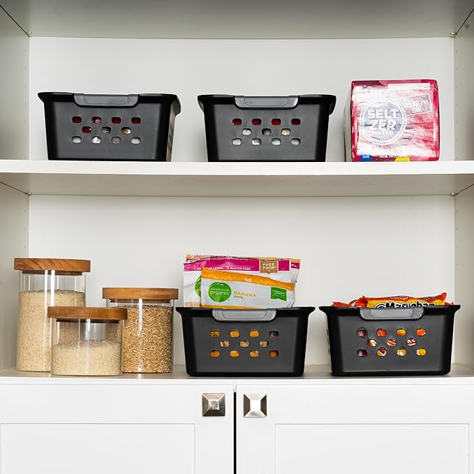 IRIS USA Plastic Storage Basket Bundle, Small - 12 Pack + Medium - 6 Pack, Shelf Basket Storage Organizer for Pantry, Cabinet, Bedroom, Closet, Laundry Room, Home Work Office, Craft Supplies, Black
