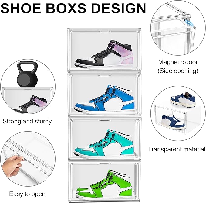 Clear Shoe Boxes Plastic Stackable ‌Shoe Cabinet‌ with Acrylic Magnetic Lids Drop Side Sneaker Display Case for Closet, Entryway, Fits Men's or Women's Shoes up to Size 12.5 (14.17''x10.62''x8.07'')