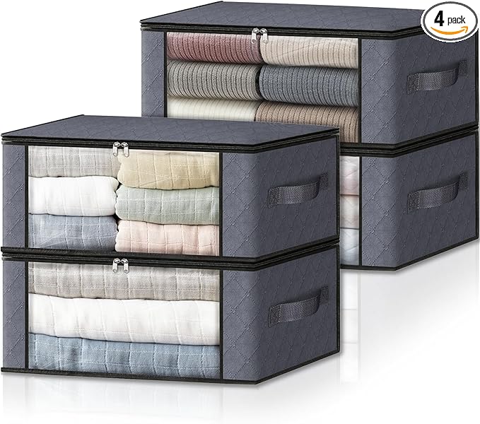 HomeHacks Storage 4-Pack Clothes Organizer Storage Bags Foldable Storage Box with Large Clear Window Sturdy Handles for Closet, Dorm, Pillows, Bedding, Clothes, Stuffed Toys, Blankets, Grey