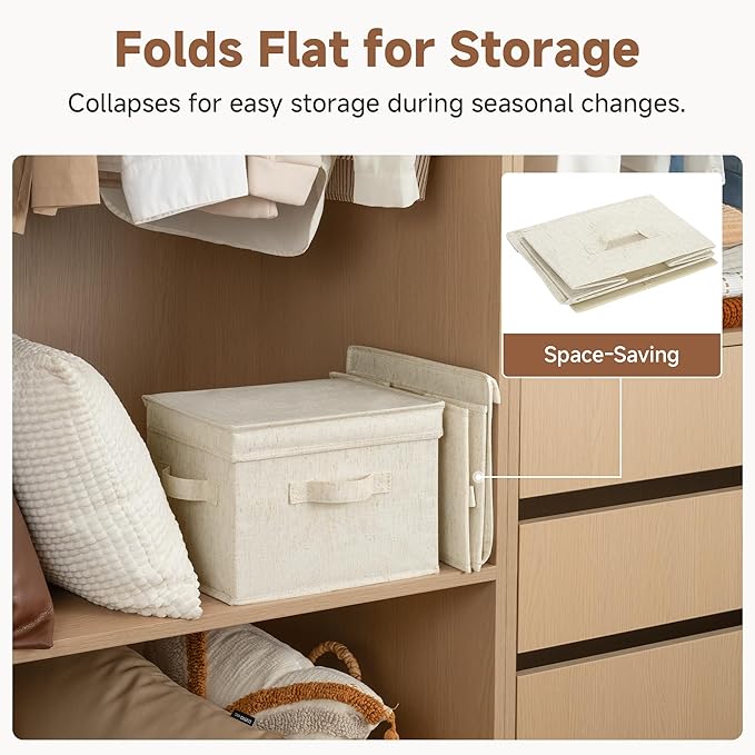 StorageWorks Fabric Storage Bins with Lid, Decorative Storage Boxes for Shelves, Stackable Closet Organizer Basket with Handles, Medium, Beige, 2-Pack