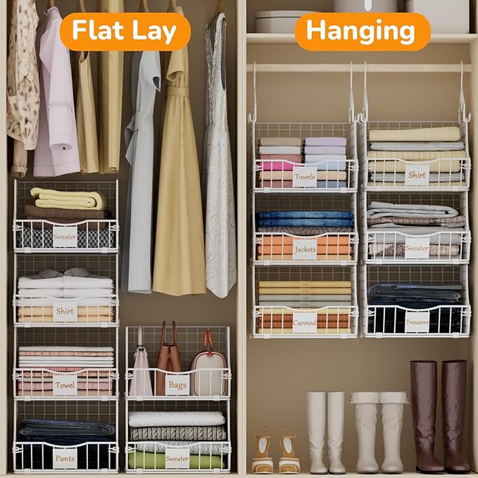 Hanging Closet Organizers and Storage, 3 Tier Closet Shelf Clothes Organizer with 2 S-Hooks, Multi-Functional Iron Wire Baskets, for Clothing, Sweaters, Handbags, Hat, Canned